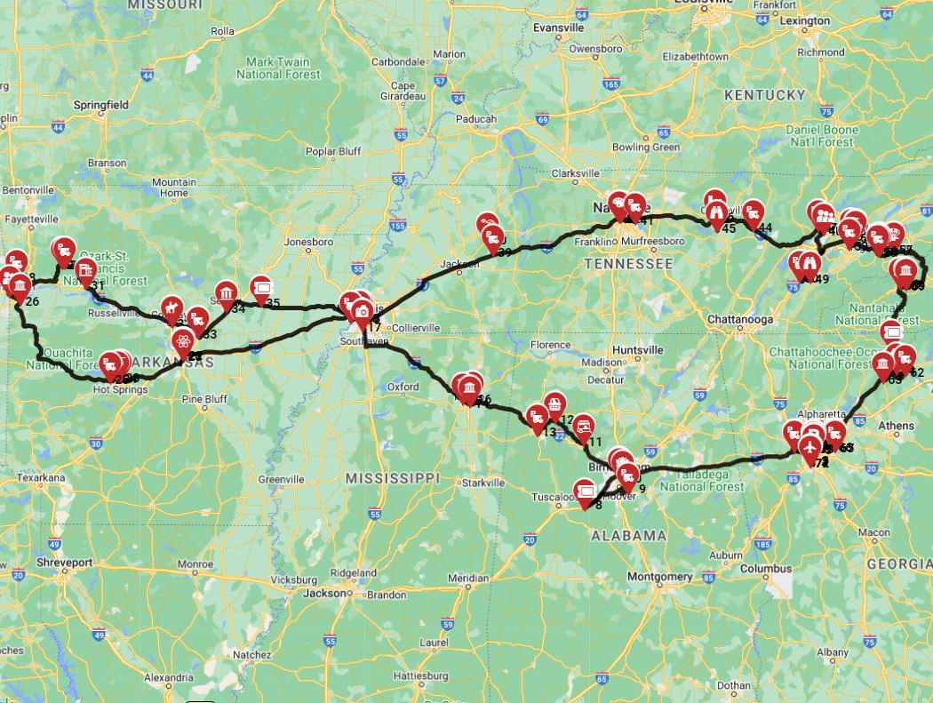 Map for Atlanta Roundtrip - Follow Elvis Presley